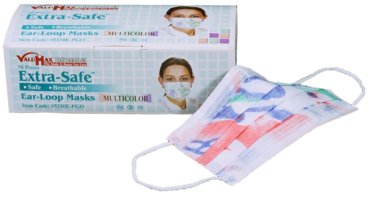 ValuMax 5330E-PGO Extra-Safe Earloop Face Masks Multicolor 50/Box ValuMax 5330E-PGO Extra-Safe Earloop Face Masks Multicolor 50/Box